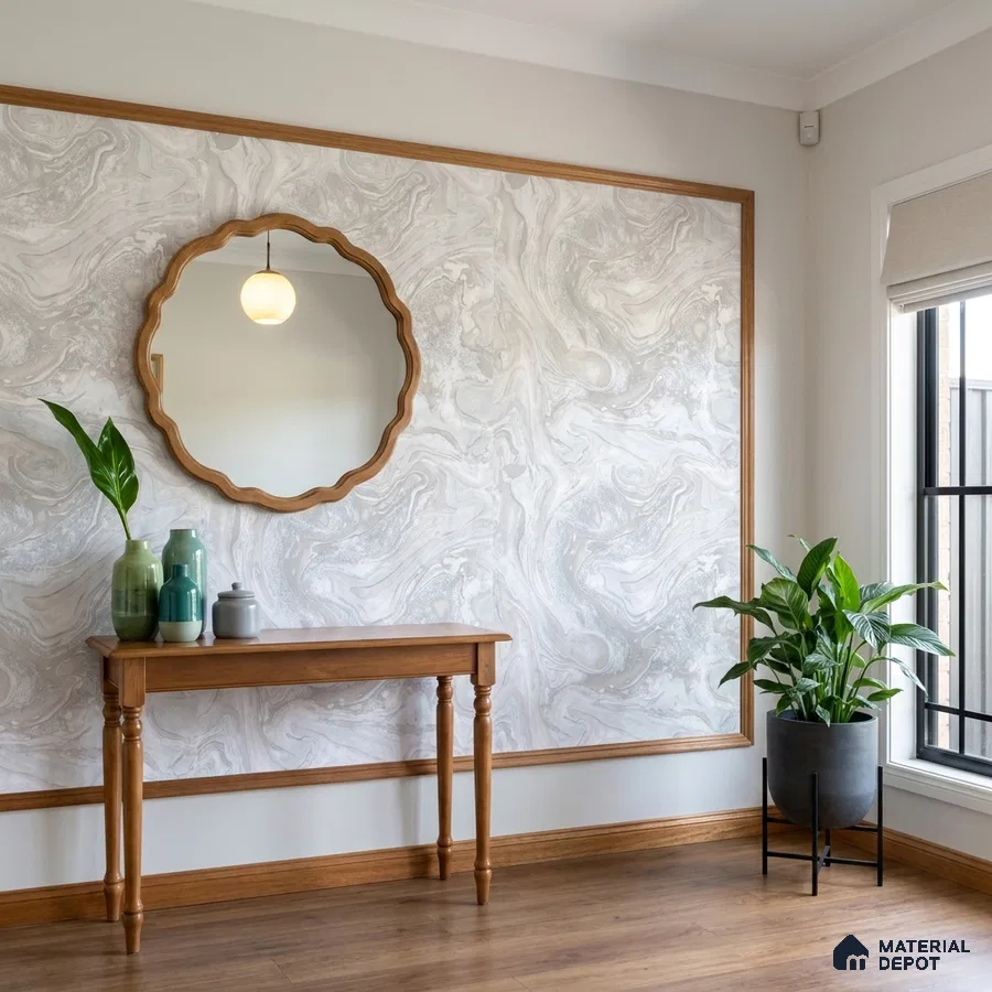 Scandinavian foyer with marble-look wallpaper, oak wood trim, and wooden flooring