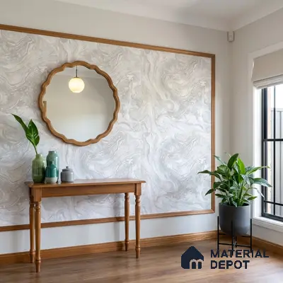 Scandinavian foyer with marble-look wallpaper, oak wood trim, and wooden flooring