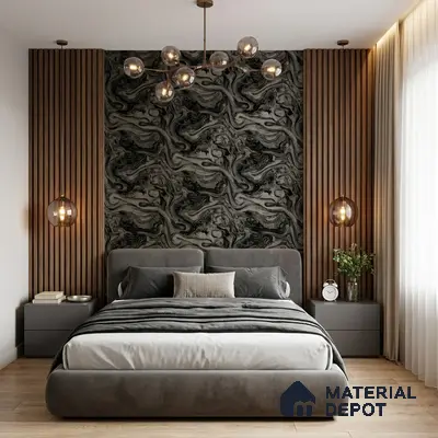 Modern bedroom with marble-effect wallpaper, walnut wood louvers, and grey suede upholstered bed