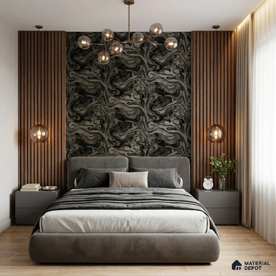 Modern bedroom with marble-effect wallpaper, walnut wood louvers, and grey suede upholstered bed