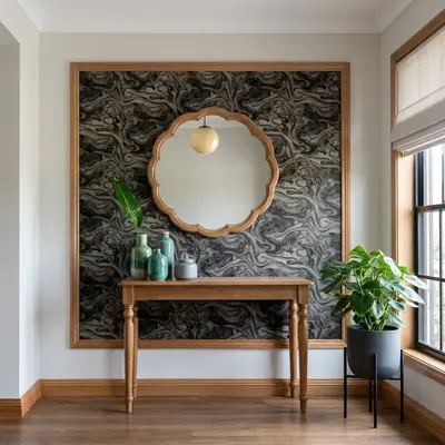 Modern foyer with black marble-look wallpaper accent and natural wood console table