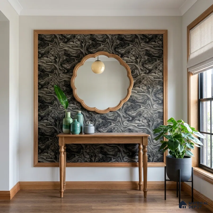 Modern foyer with black marble-look wallpaper accent and natural wood console table
