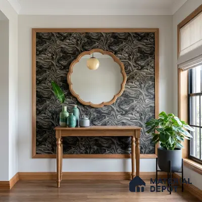 Modern foyer with black marble-look wallpaper accent and natural wood console table