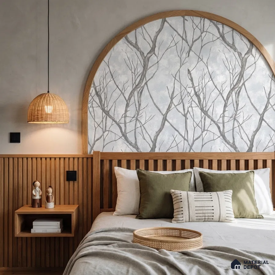 Japandi bedroom with natural wood slat paneling and nature-inspired wallpaper accent