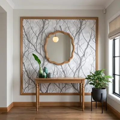 Scandinavian foyer with wood console, nature-inspired wallpaper, and wooden flooring