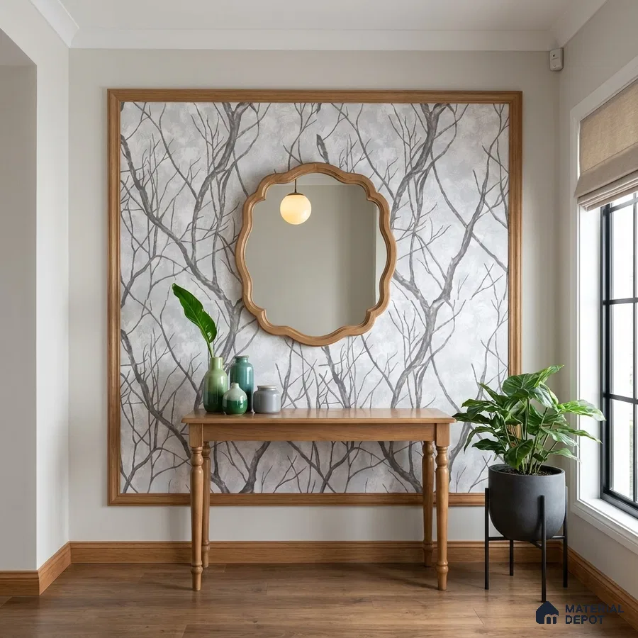 Scandinavian foyer with wood console, nature-inspired wallpaper, and wooden flooring