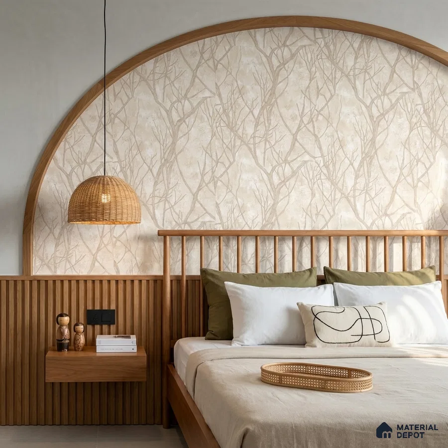 Japandi bedroom with natural wood slat paneling and beige botanical wallpaper