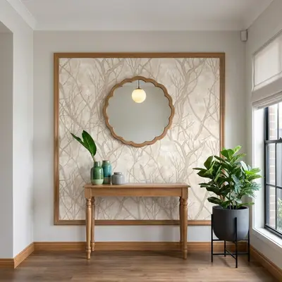 Scandinavian foyer with natural wood console, tree-patterned wallpaper, and oak wooden flooring