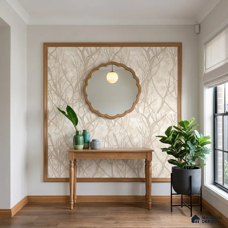 Scandinavian foyer with natural wood console, tree-patterned wallpaper, and oak wooden flooring