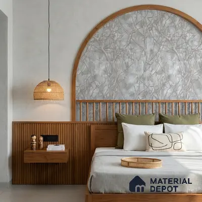 Japandi bedroom with natural wood fluted panel, grey nature wallpaper, and rattan pendant