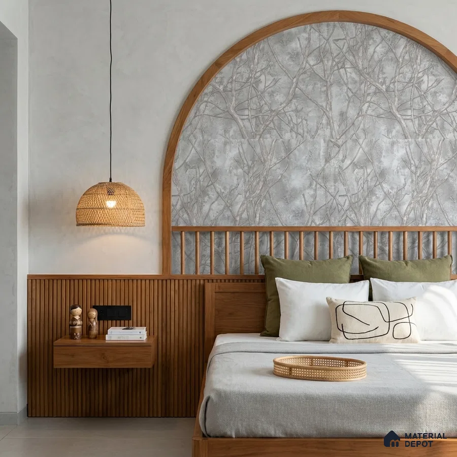 Japandi bedroom with natural wood fluted panel, grey nature wallpaper, and rattan pendant