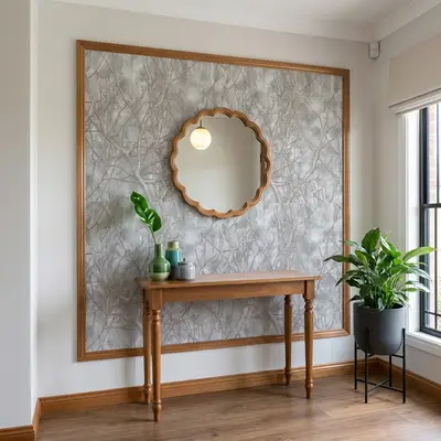 Scandinavian foyer with wood console, grey textured wallpaper, and wooden flooring