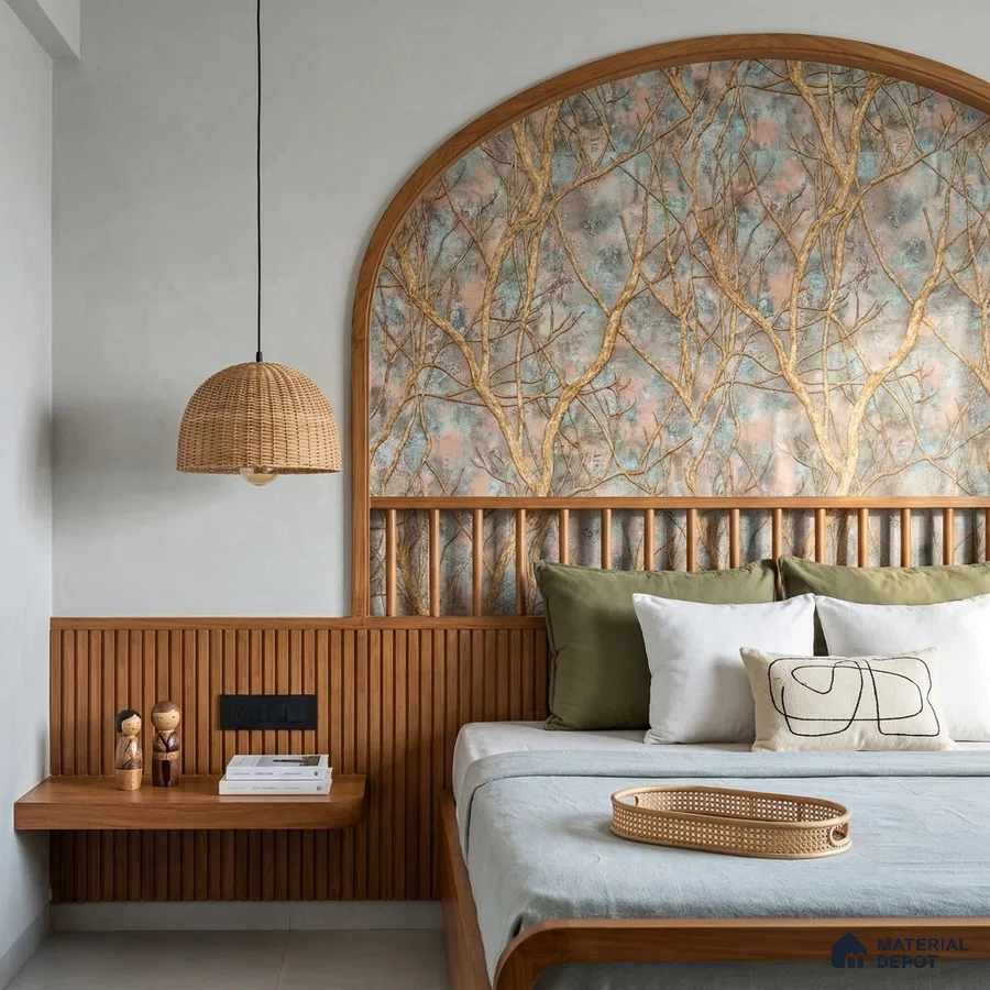 Japandi bedroom with natural wood fluted panels and pastel chinoiserie wallpaper accent