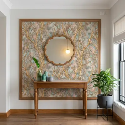 Modern foyer with nature-inspired wallpaper, wooden console, and warm wood flooring
