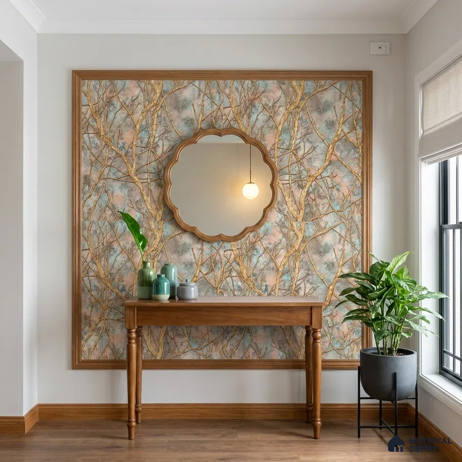Modern foyer with nature-inspired wallpaper, wooden console, and warm wood flooring