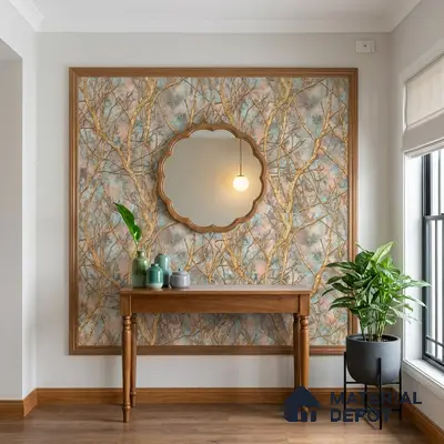 Modern foyer with nature-inspired wallpaper, wooden console, and warm wood flooring