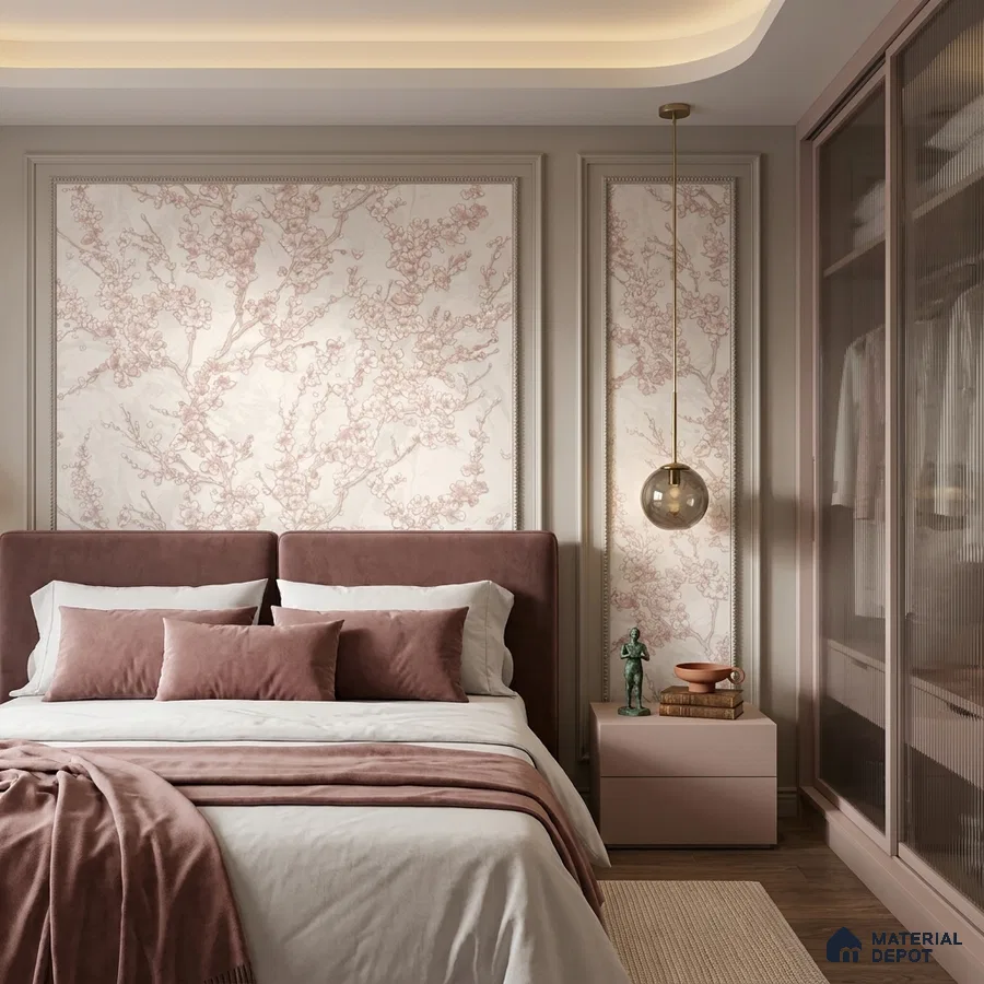 Modern bedroom with blush pink floral wallpaper, suede upholstered bed, and glass wardrobe shutters