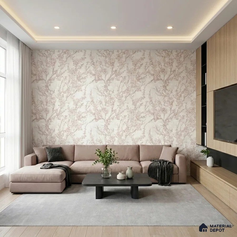 Modern living room with blush floral wallpaper, beige fabric sofa, and light oak laminate TV unit