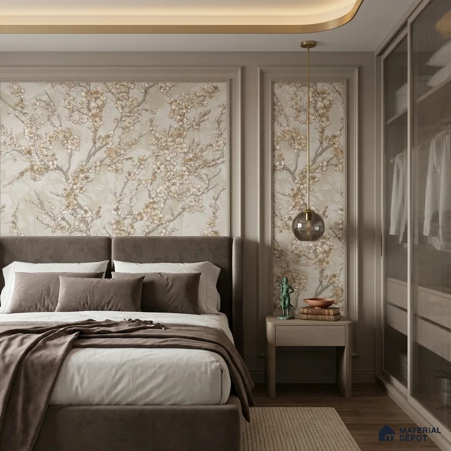 Modern bedroom with floral wallpaper, suede upholstered bed, and light wood flooring