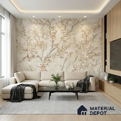 Modern living room with floral wallpaper, beige sofa, and light oak laminate TV unit