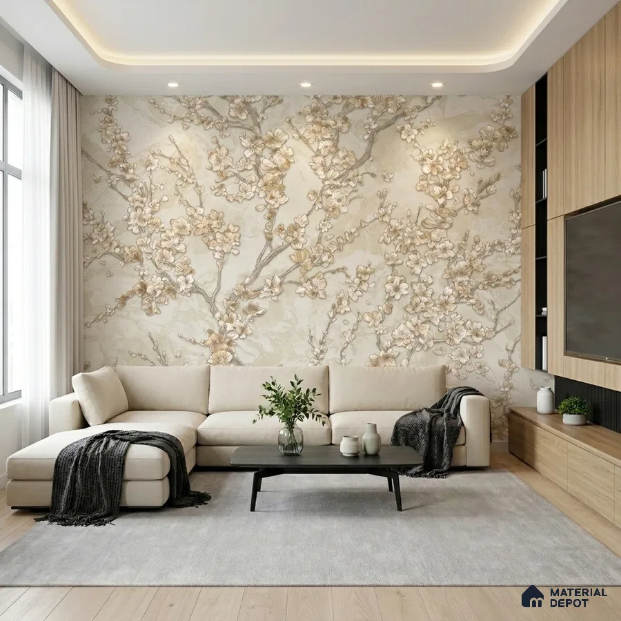 Modern living room with floral wallpaper, beige sofa, and light oak laminate TV unit