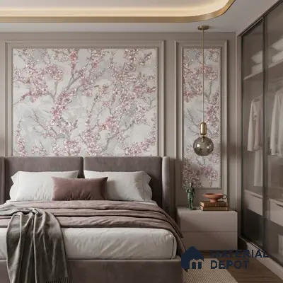Modern bedroom with blush pink floral wallpaper, suede upholstered bed, and taupe accents