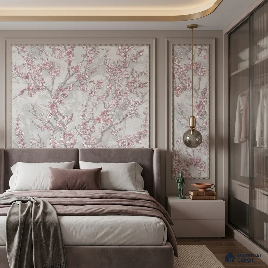 Modern bedroom with blush pink floral wallpaper, suede upholstered bed, and taupe accents