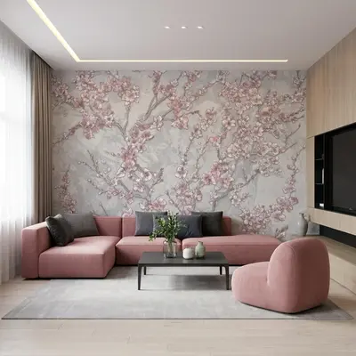 Modern living room with cherry blossom floral wallpaper and blush pink suede upholstery