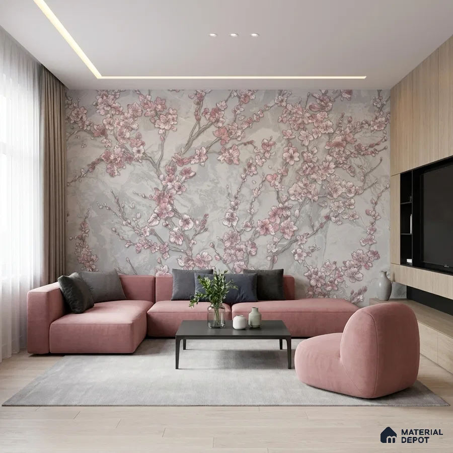 Modern living room with cherry blossom floral wallpaper and blush pink suede upholstery