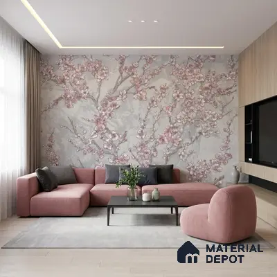 Modern living room with cherry blossom floral wallpaper and blush pink suede upholstery