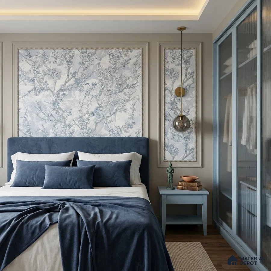 Modern bedroom with blue suede upholstered bed, chinoiserie floral wallpaper, and glass wardrobe shutters