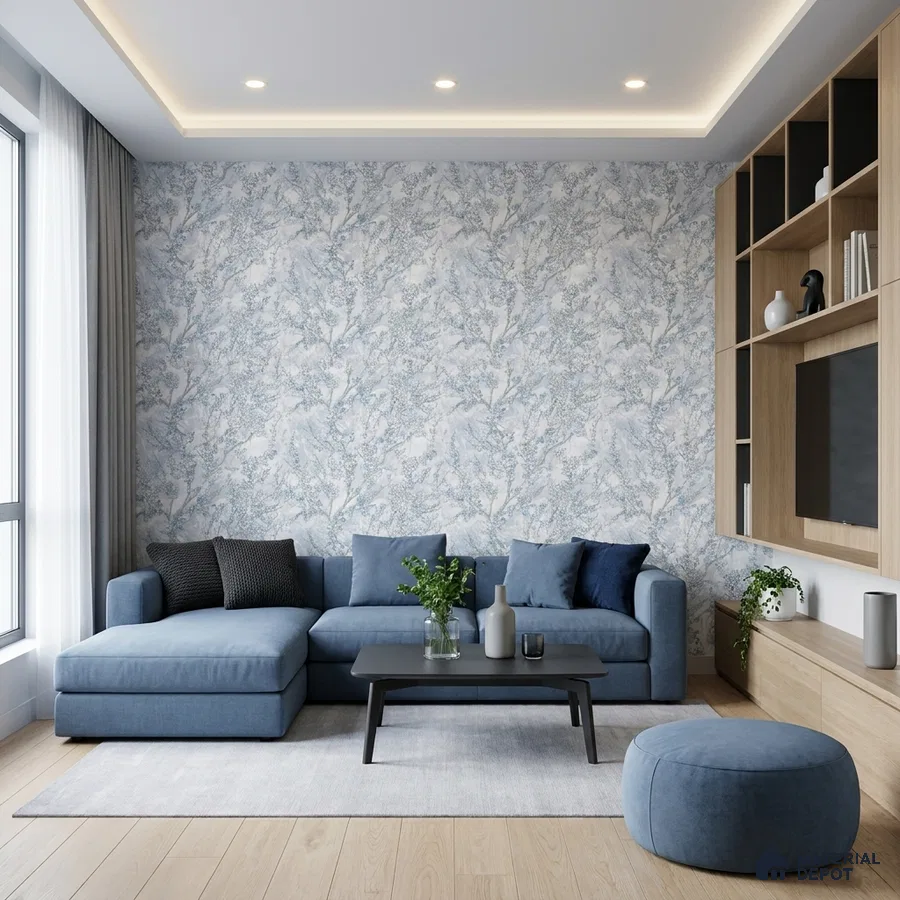 Scandinavian living room with blue floral wallpaper, light oak laminate TV unit, and blue upholstered sofa
