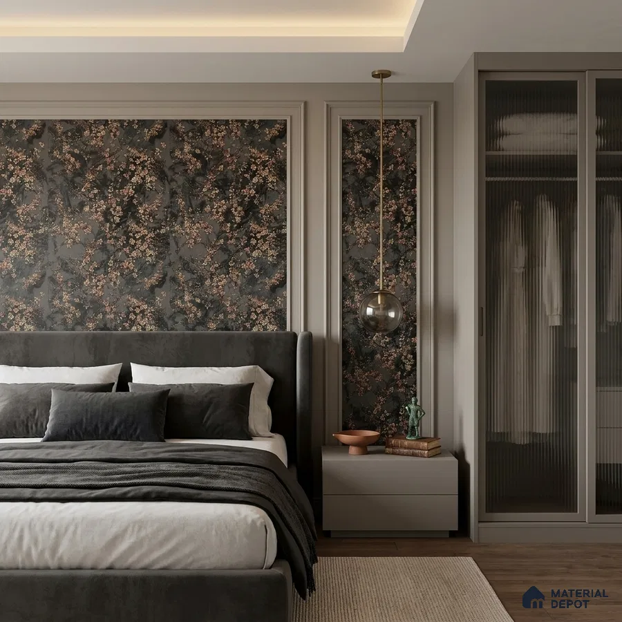 Modern bedroom with floral wallpaper accent wall, grey suede upholstered bed, and glass wardrobe shutters
