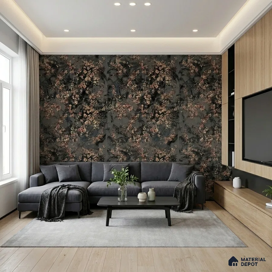 Modern living room with floral wallpaper accent wall and light oak wooden laminate TV unit