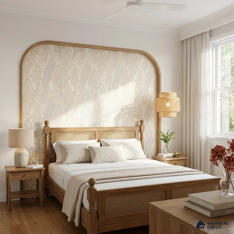 Scandinavian bedroom with natural oak wood furniture and beige patterned wallpaper