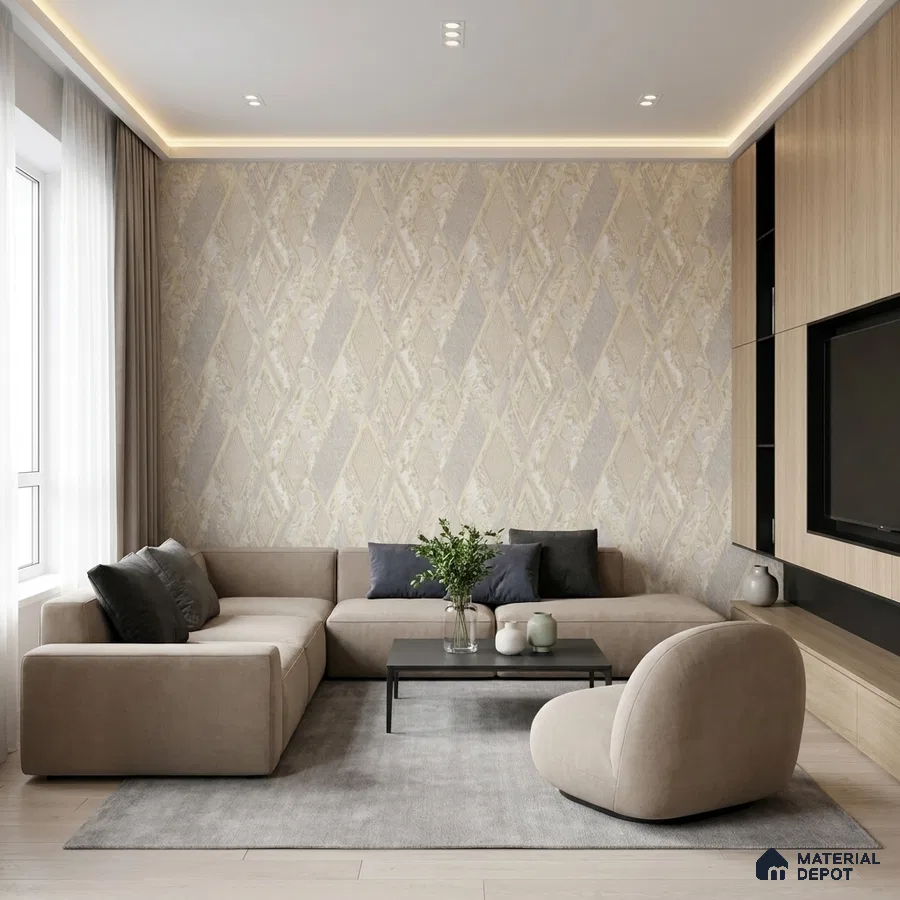 Modern living room with beige patterned wallpaper, light oak laminate TV unit, and neutral fabric sofa