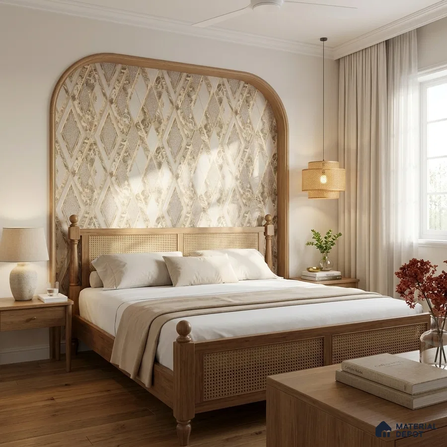 Scandinavian bedroom with natural oak wood, cane bed, and geometric patterned wallpaper