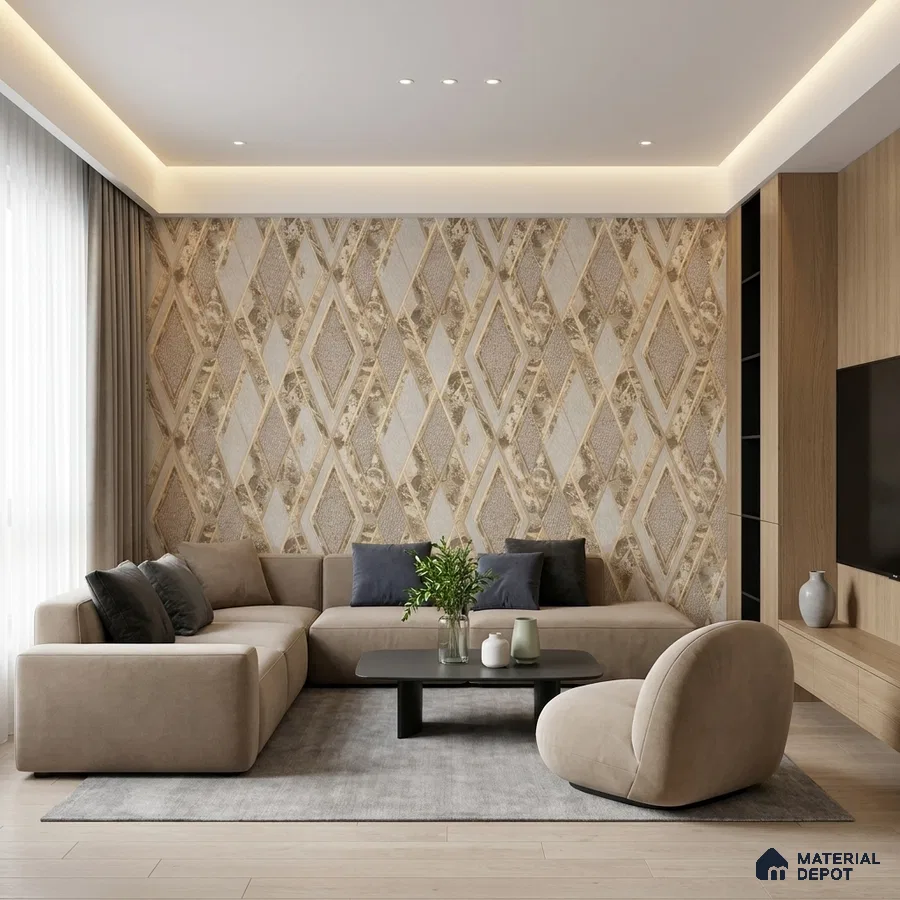 Modern living room with geometric patterned wallpaper and beige suede upholstery