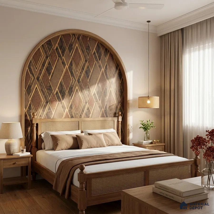 Scandinavian bedroom with natural cane wood bed, geometric wood panel accent wall, and warm beige palette