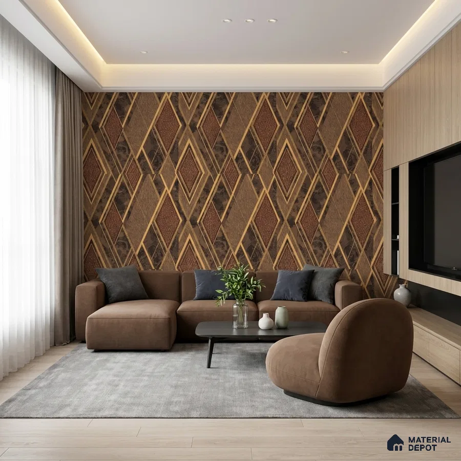 Modern living room with geometric patterned wallpaper and beige wood laminate TV unit
