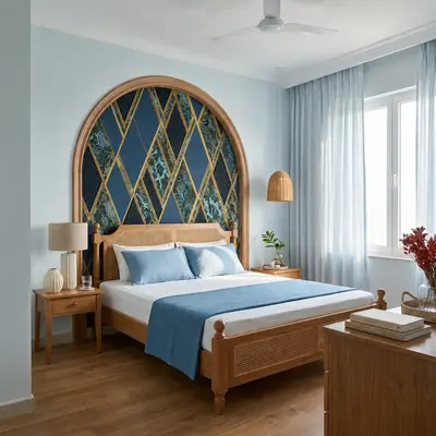 Scandinavian bedroom with natural wood furniture, blue geometric accent wall, and wooden flooring