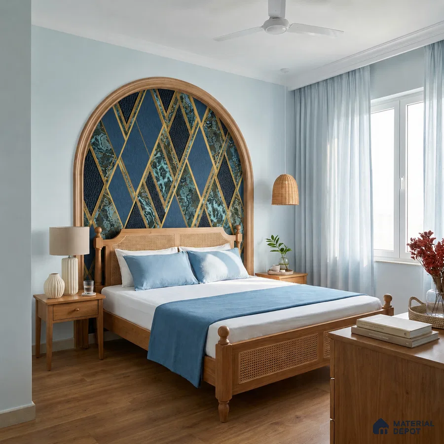 Scandinavian bedroom with natural wood furniture, blue geometric accent wall, and wooden flooring
