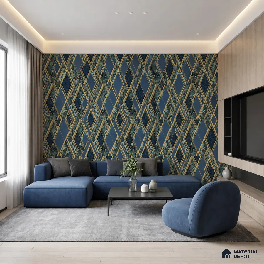 Modern living room with geometric blue and gold wallpaper, blue fabric sofa, and light wood TV unit