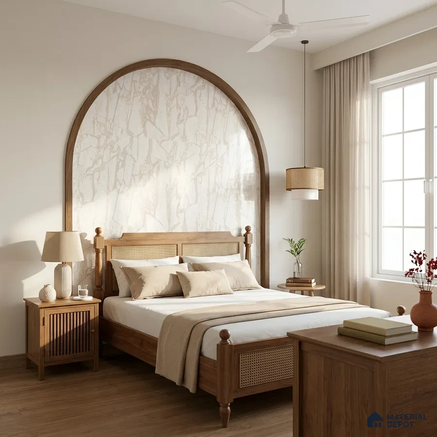 Scandinavian bedroom with natural oak wood furniture, marble-look accent wall, and warm beige palette