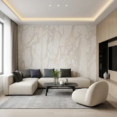 Minimalist living room with marble-look wallpaper, light oak laminate TV unit, and beige upholstery
