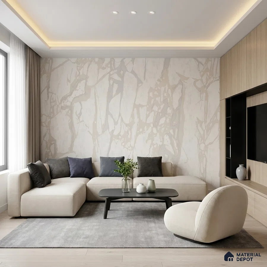 Minimalist living room with marble-look wallpaper, light oak laminate TV unit, and beige upholstery