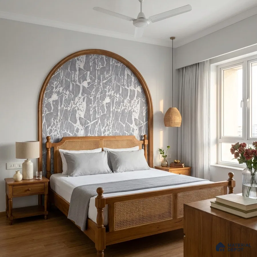 Mid-century modern bedroom with cane wood bed, marble pattern wallpaper, and wooden flooring