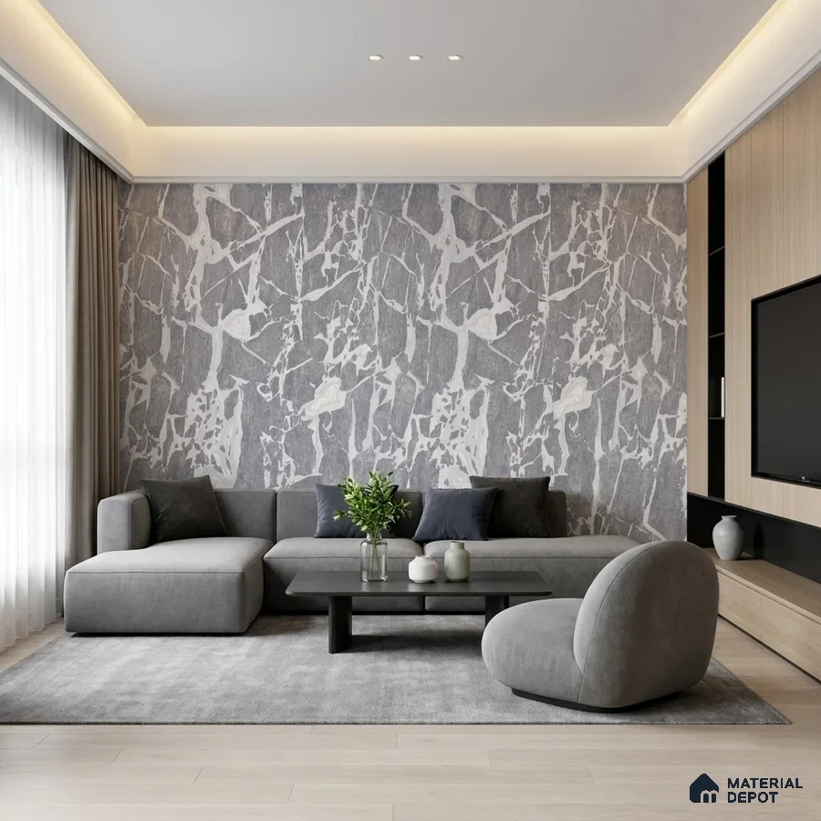 Modern living room with marble-look wallpaper, light oak laminate TV unit, and grey upholstered sofa