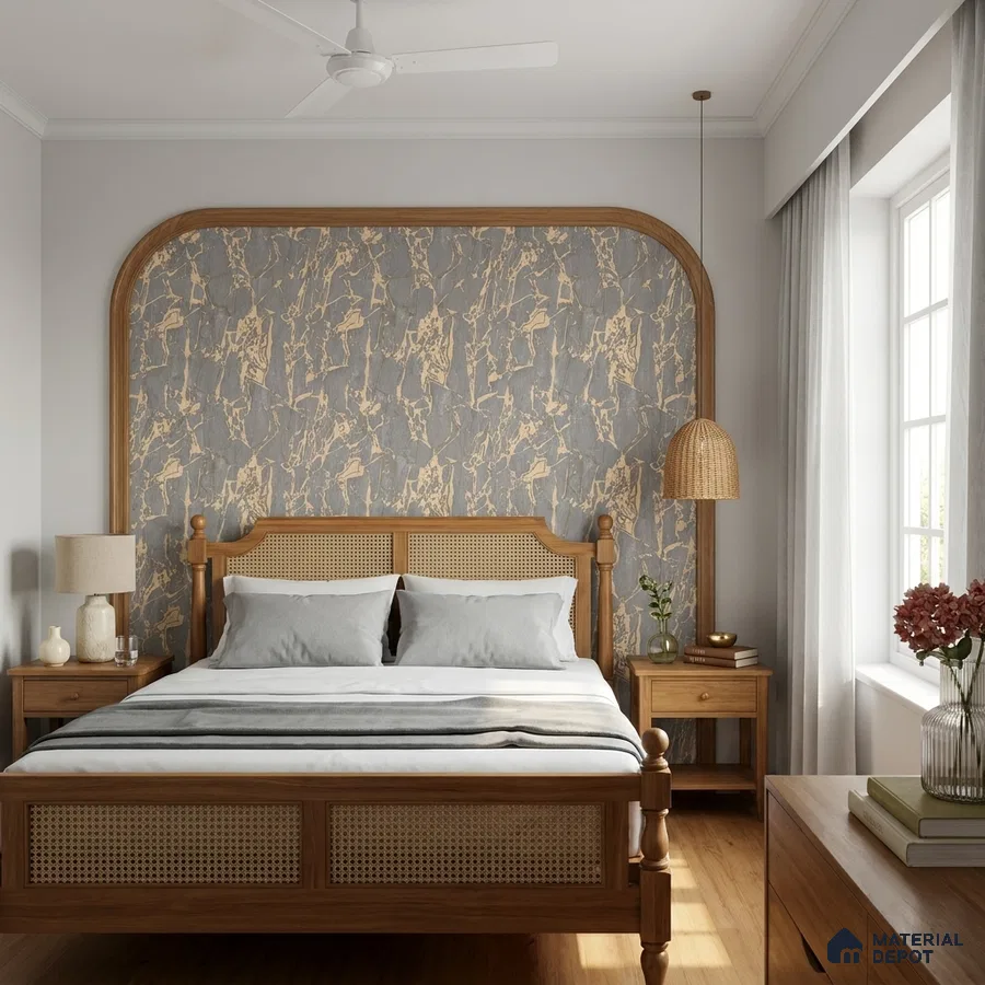 Scandinavian bedroom with cane wood bed, oak wood flooring, and grey gold abstract wallpaper accent wall