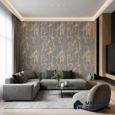 Modern living room with abstract grey and gold wallpaper, grey fabric sofa, and light oak laminate TV unit